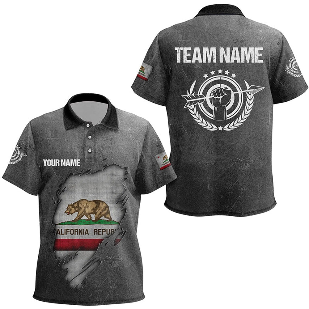 Personalized Grunge California Archery Polo Shirts, Custom California Flag Shirts For Archers, Archery Team Shirts, Custom Archery Shirts