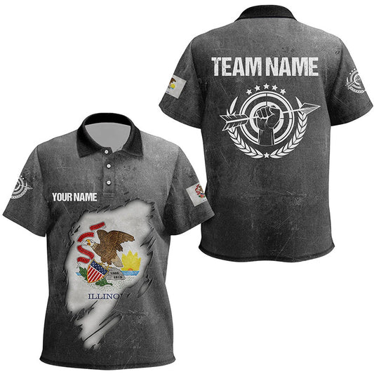Personalized Grunge Illinois Archery Polo Shirts, Custom Illinois Flag Shirts For Archers, Archery Team Shirts, Custom Archery Shirts
