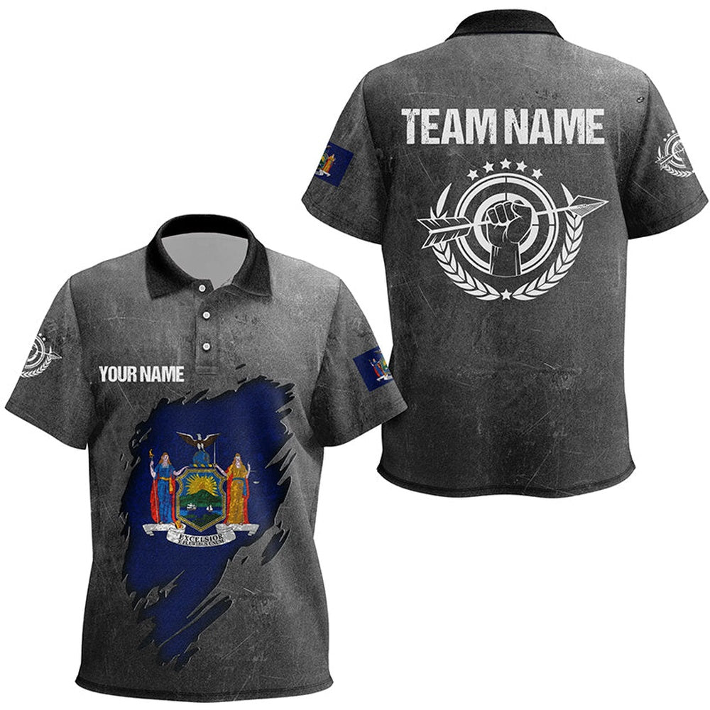 Personalized Grunge New York Archery Polo Shirts, Custom New York Flag Shirts For Archers, Archery Team Shirts, Custom Archery Shirts