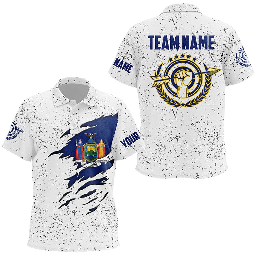 Personalized Grunge New York Archery Polo Shirts, Patriotic New York Flag Shirts For Archers, Archery Team Shirts, Custom Archery Shirts