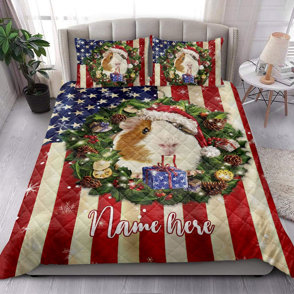 Personalized Guinea Pig Quilt Set, Guinea Pig Wearingmas Hat Wreath Quilt Blanket