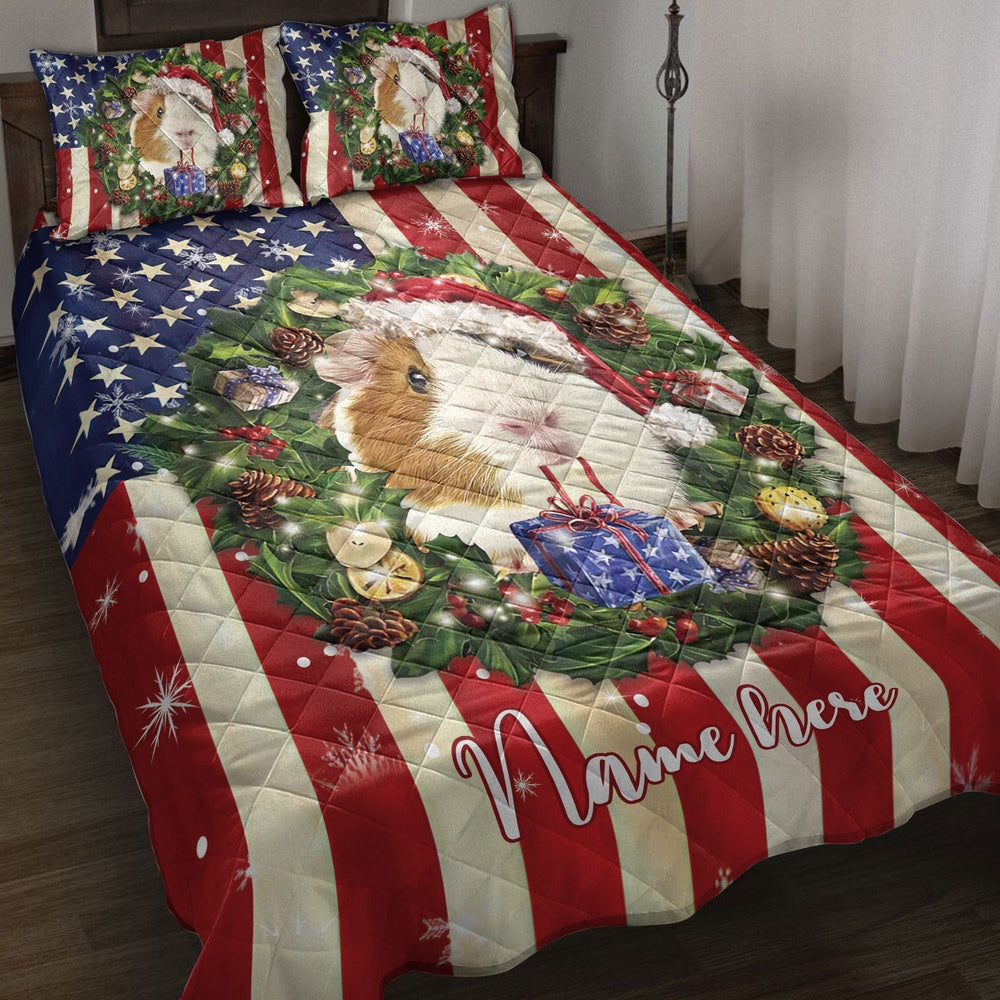 Personalized Guinea Pig Quilt Set, Guinea Pig Wearingmas Hat Wreath Quilt Blanket