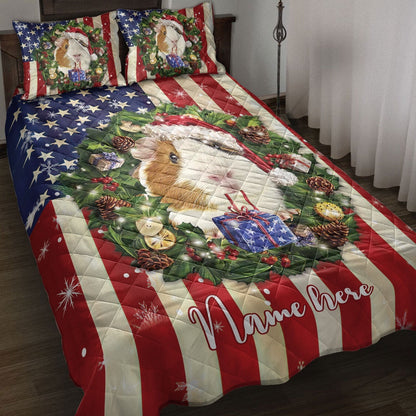 Personalized Guinea Pig Quilt Set, Guinea Pig Wearingmas Hat Wreath Quilt Blanket