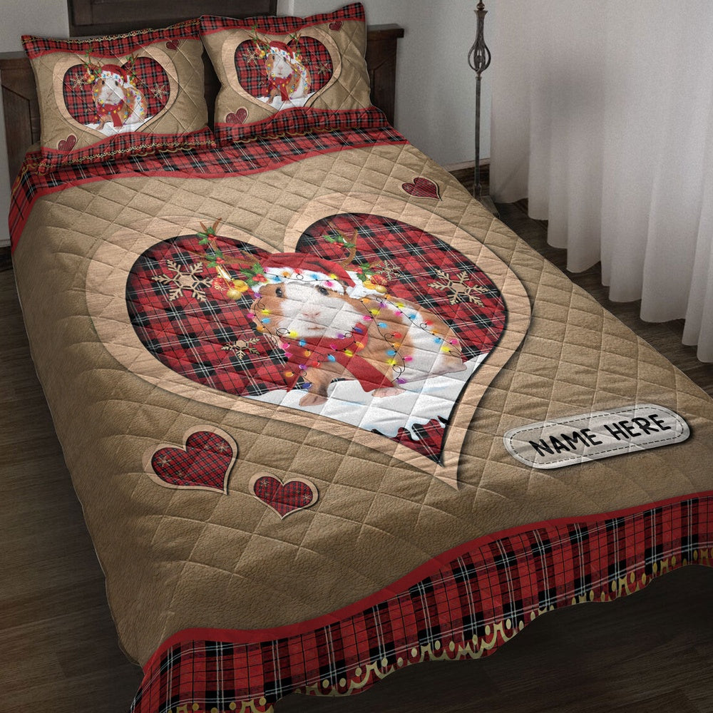 Personalized Guinea Pig Quilt Set, Guinea Pigmas Heart Red Plaid Quilt Blanket