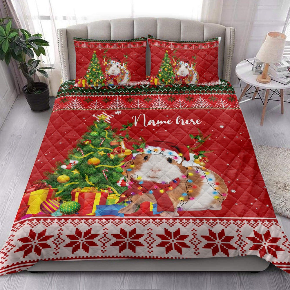Personalized Guinea Pig Quilt Set, Guinea Pigmas Tree String Light Quilt Blanket