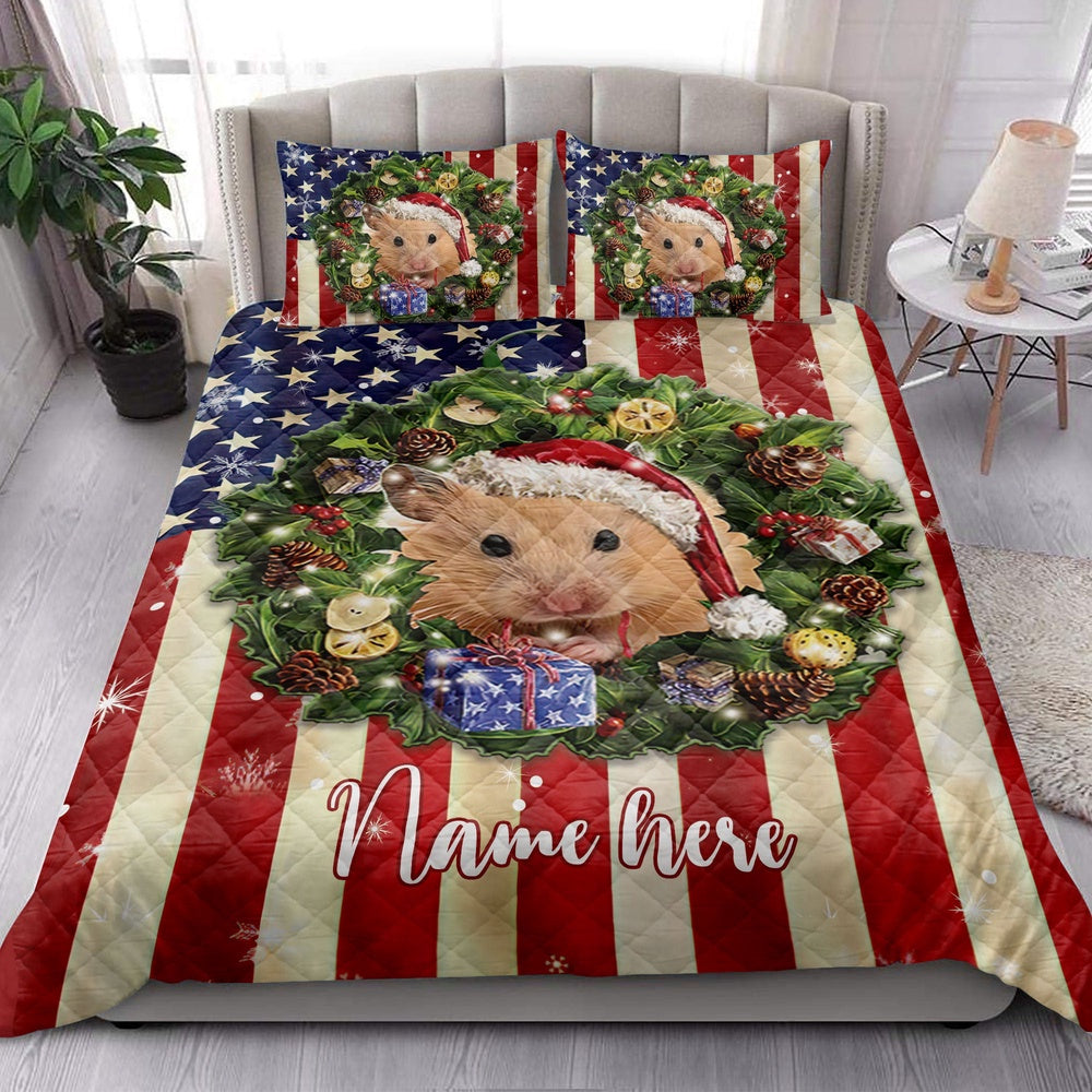 Personalized Hamster Quilt Set, Hamster Wearingmas Hat Wreath Quilt Blanket
