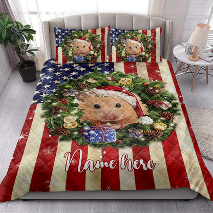 Personalized Hamster Quilt Set, Hamster Wearingmas Hat Wreath Quilt Blanket