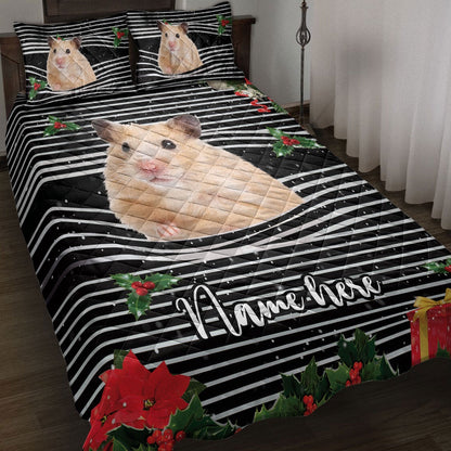 Personalized Hamster Quilt Set, Hamstermas Striped With Santa Hat Quilt Blanket