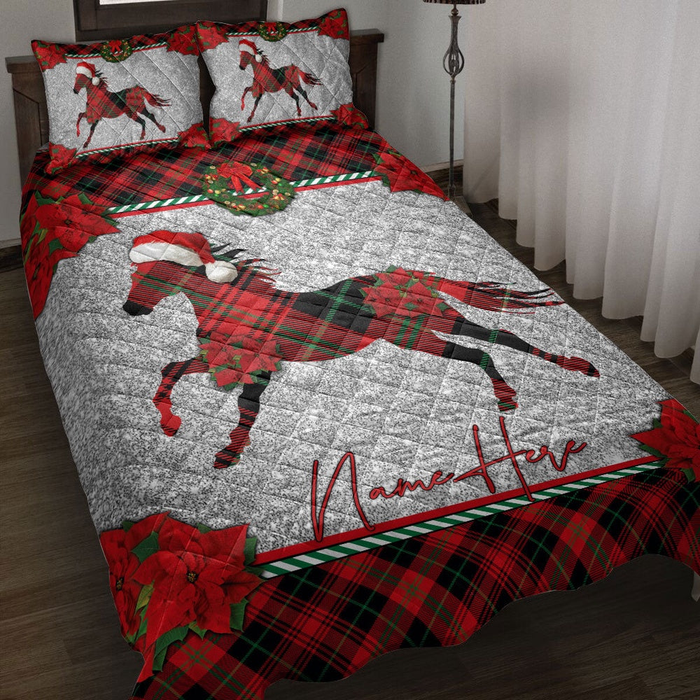 Personalized Horse Quilt Set, Christmas Red Plaid Horse Santa Hat Quilt Blanket