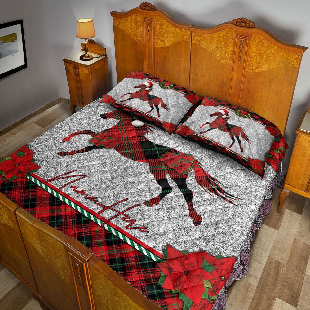 Personalized Horse Quilt Set, Christmas Red Plaid Horse Santa Hat Quilt Blanket