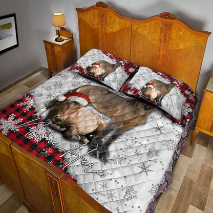 Personalized Horse Quilt Set, Christmas Red Plaid Horse Snowflakes Quilt Blanket
