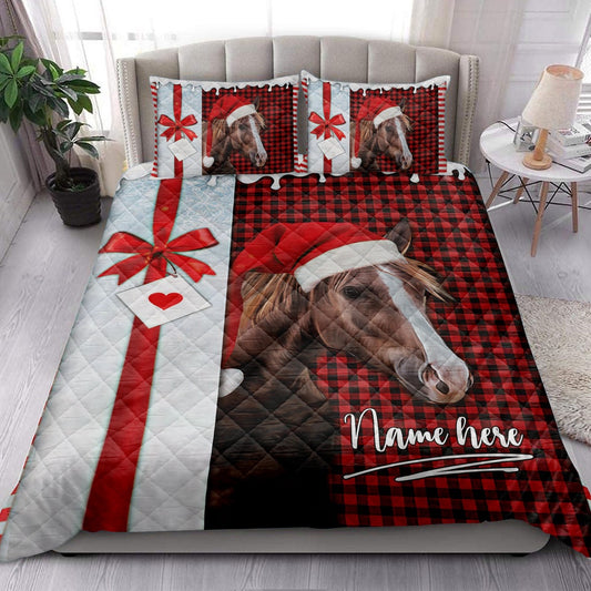 Personalized Horse Quilt Set, Horse Santa Hat Withmas Letter Quilt Blanket