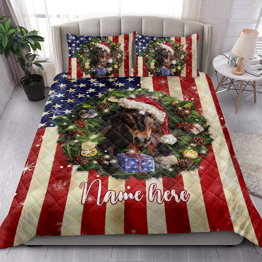 Personalized Horse Quilt Set, Horse Wearingmas Hat Wreath Quilt Blanket