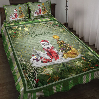 Personalized Husky Quilt Set, H Usky Sibirmas Tree String Light Quilt Blanket