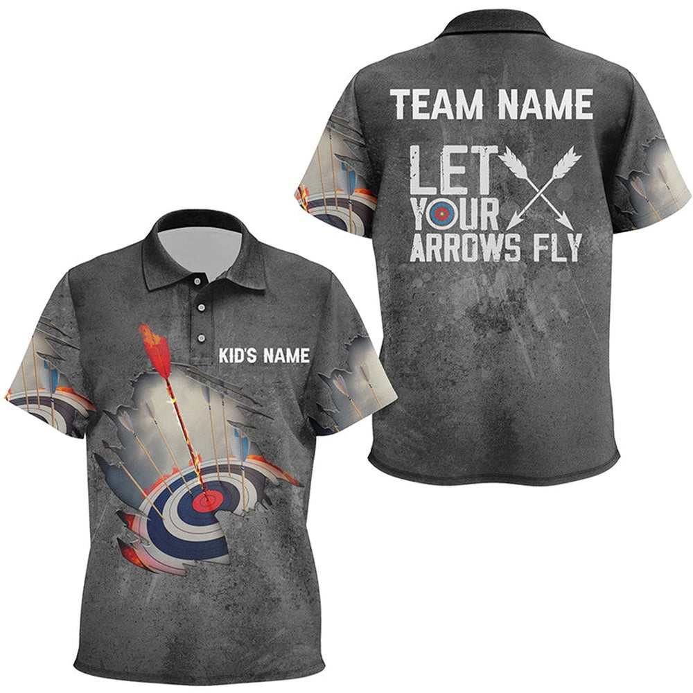 Personalized Let Your Arrows Fly Archery Polo Shirts Flaming Arrow Target Archery Shirts, Archery Team Shirts, Custom Archery Shirts