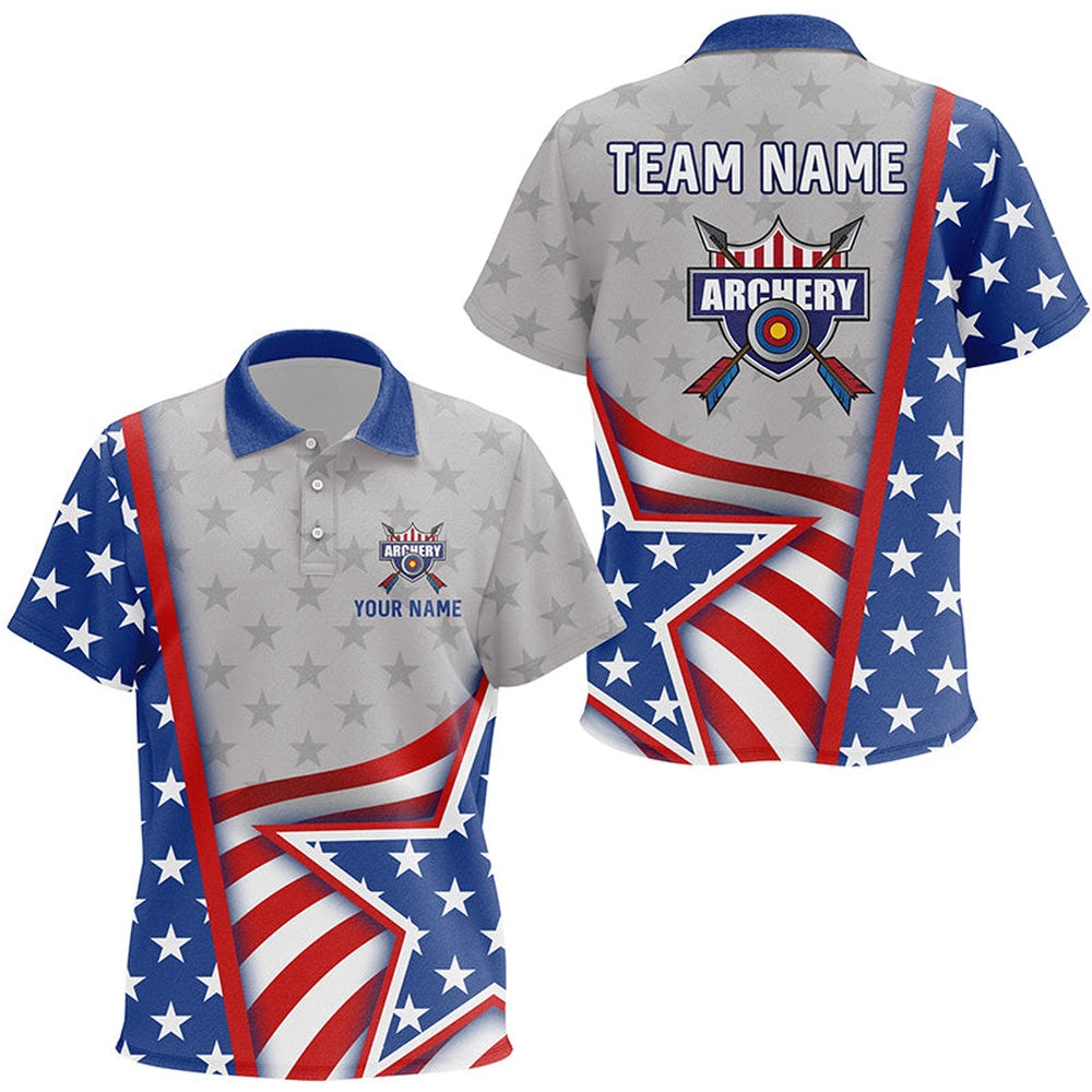 Personalized Name American Flag Archery Polo Shirts, Custom Team Name Archery Jerseys, Archery Team Shirts, Custom Archery Shirts