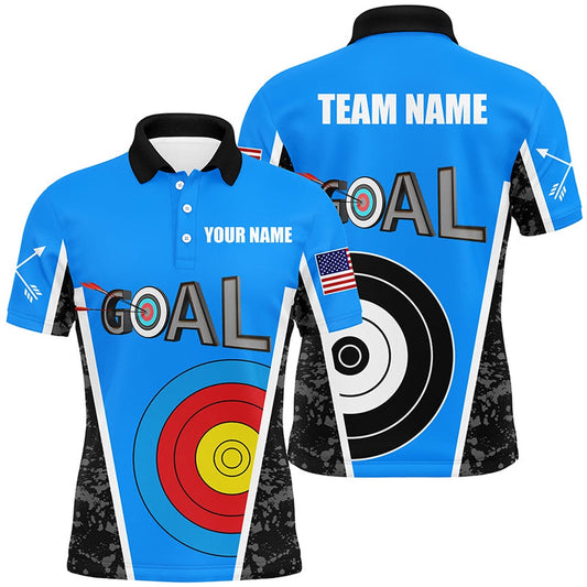 Personalized Name Blue Archery Goal Men Polo Shirts Custom Target Archery Jerseys For Team, Archery Team Shirts, Custom Archery Shirts