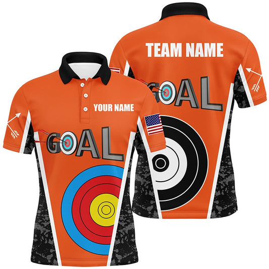 Personalized Name Orange Archery Goal Men Polo Shirts Custom Archery Target Jerseys Shirts, Archery Team Shirts, Custom Archery Shirts