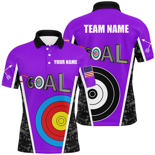 Personalized Name Purple Archery Goal Men Polo Shirts Custom Target Archery Jerseys For Team, Archery Team Shirts, Custom Archery Shirts