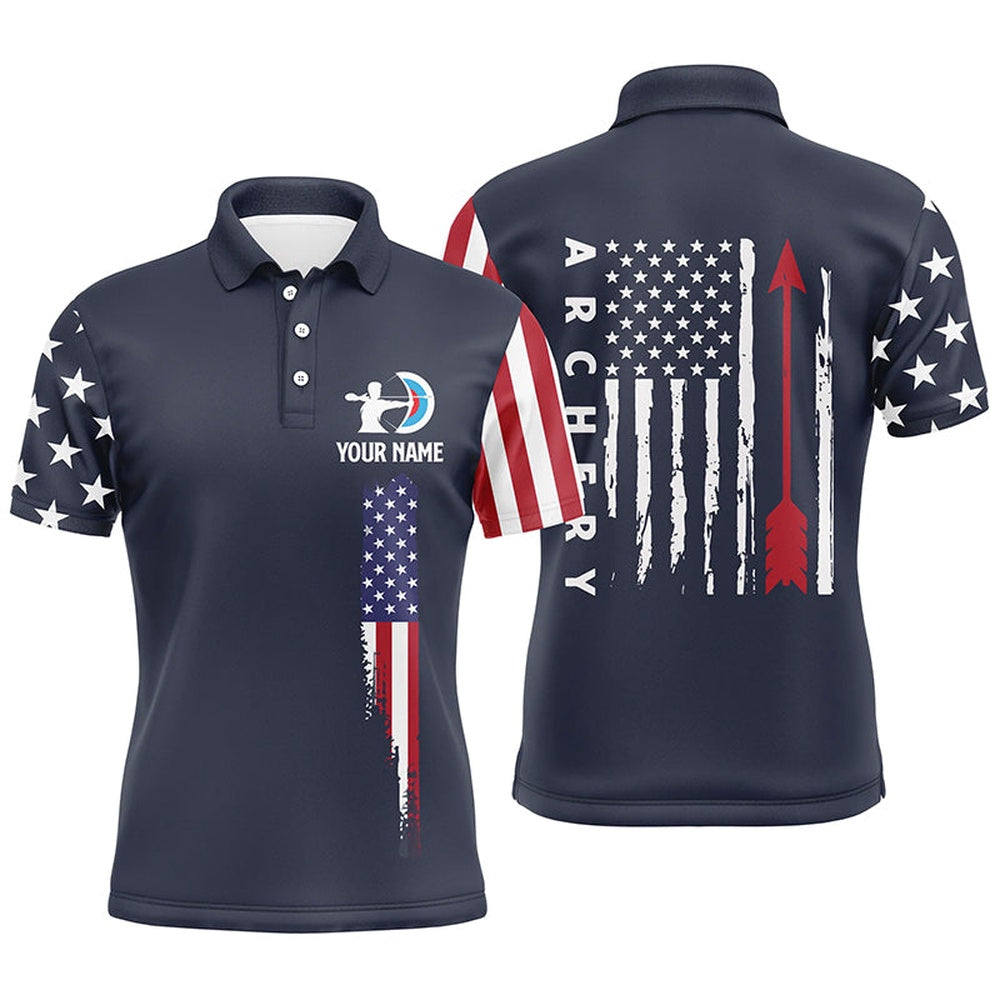 Personalized Navy American Flag Archery Polo Shirts For Men, Custom Flag Arrow Archery Jerseys, Archery Team Shirts, Custom Archery Shirts