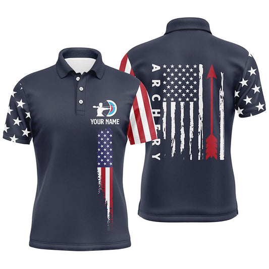 Personalized Navy American Flag Archery Polo Shirts For Men, Custom Flag Arrow Archery Jerseys, Archery Team Shirts, Custom Archery Shirts