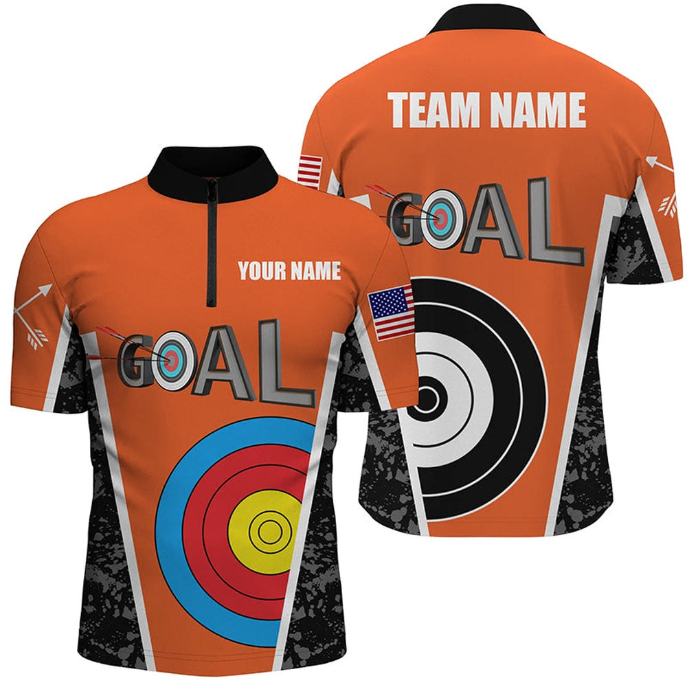 Personalized Orange Archery Goal Men Quarter-Zip Shirts, Archery Target Jerseys Shirts, Archery Team Shirts, Custom Archery Shirts
