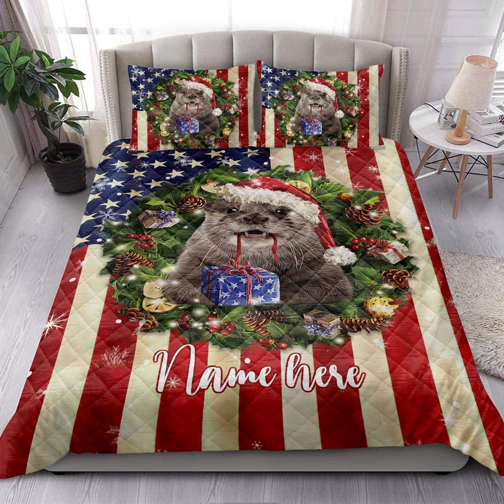 Personalized Otter Quilt Set, Otter Wearingmas Hat Wreath Quilt Blanket
