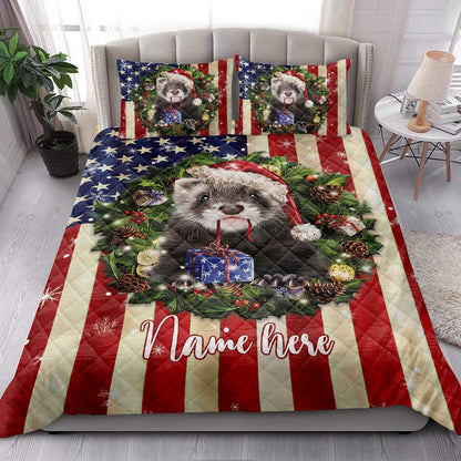 Personalized Otter Quilt Set, Otter Wearingmas Hat Wreaths Quilt Blanket