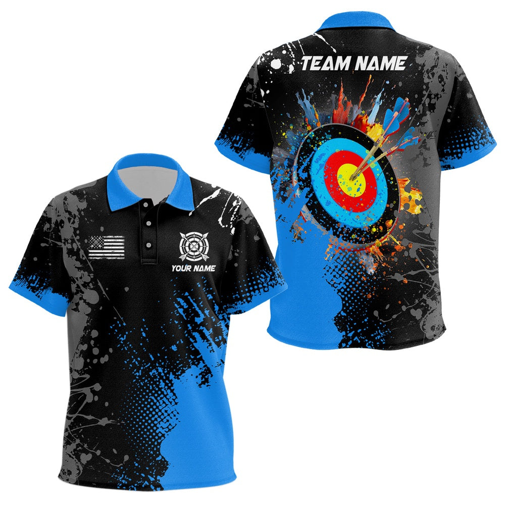 Personalized Paint Blue Target Archery Polo Shirts Custom Name Archery Jerseys Attire, Archery Team Shirts, Custom Archery Shirts