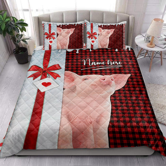 Personalized Pig Quilt Set, Pig Santa Hat Withmas Letter Quilt Blanket