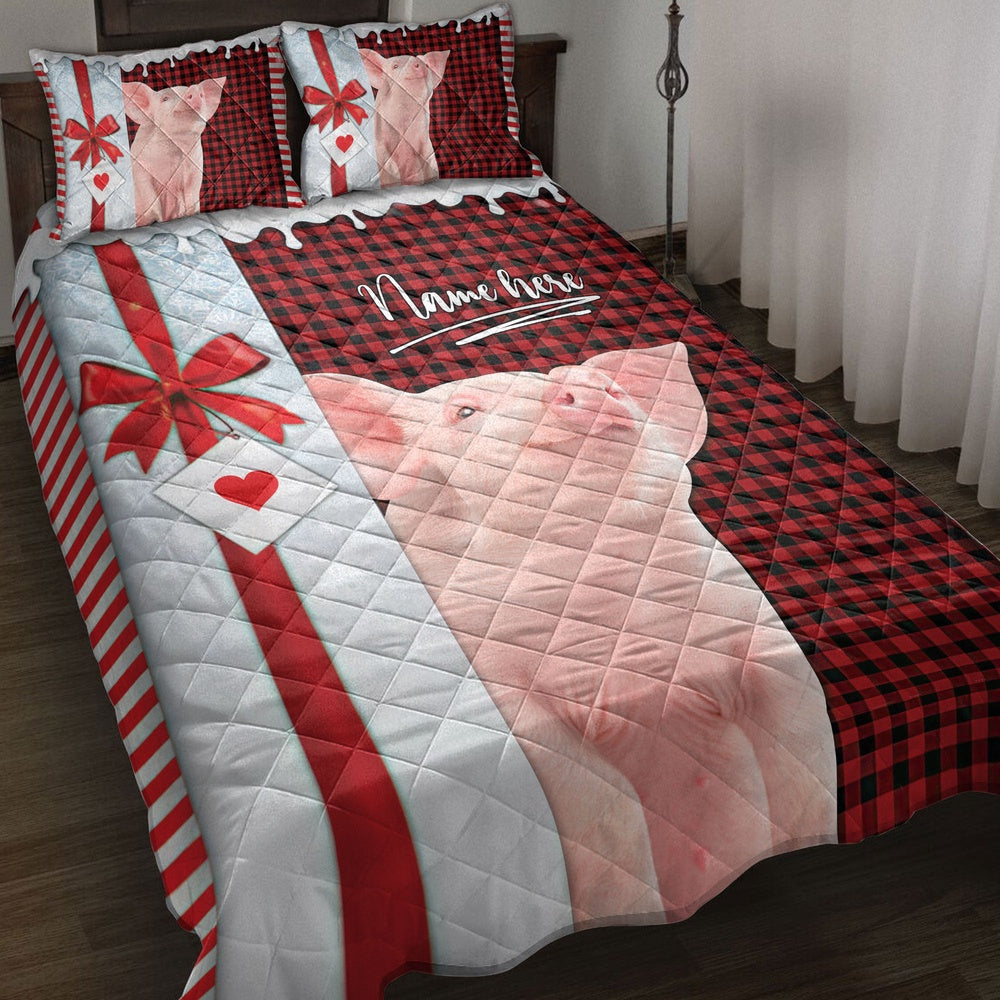 Personalized Pig Quilt Set, Pig Santa Hat Withmas Letter Quilt Blanket