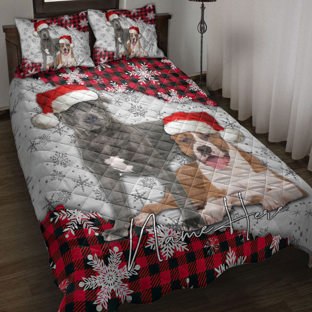 Personalized Pitbull Quilt Set, Christmas Red Plaid Pitbull Snowflakes Xmas Quilt Blanket