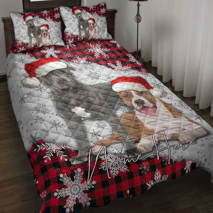 Personalized Pitbull Quilt Set, Christmas Red Plaid Pitbull Snowflakes Xmas Quilt Blanket