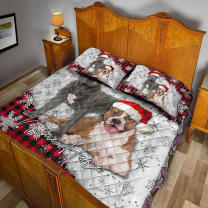 Personalized Pitbull Quilt Set, Christmas Red Plaid Pitbull Snowflakes Xmas Quilt Blanket