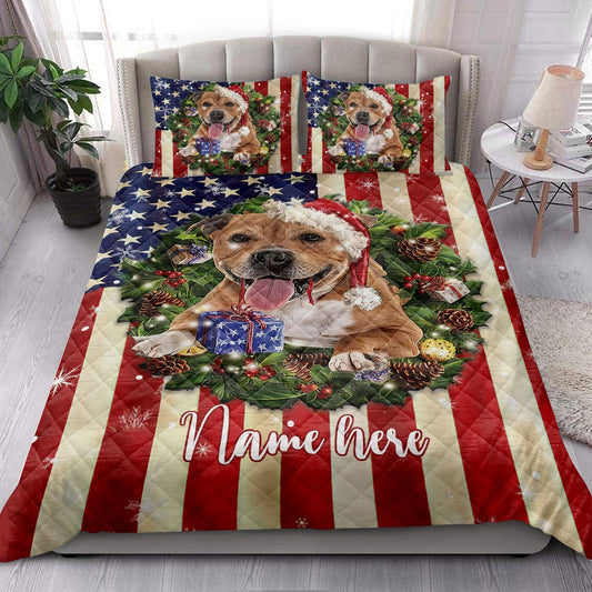 Personalized Pitbull Quilt Set, Pitbull Wearingmas Hat Wreath Quilt Blanket