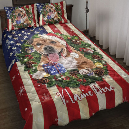 Personalized Pitbull Quilt Set, Pitbull Wearingmas Hat Wreath Quilt Blanket
