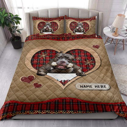 Personalized Pitbull Quilt Set, Pitbullmas Heart Red Plaid Quilt Blanket
