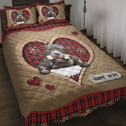 Personalized Pitbull Quilt Set, Pitbullmas Heart Red Plaid Quilt Blanket