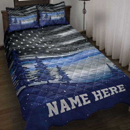 Personalized Police Quilt Set, Christmas Thin Blue Line Police Xmas Quilt Blanket