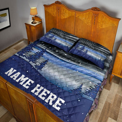 Personalized Police Quilt Set, Christmas Thin Blue Line Police Xmas Quilt Blanket