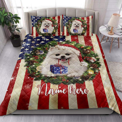 Personalized Pomeranian Quilt Set, Pomeranian Wearingmas Hat Wreath Quilt Blanket
