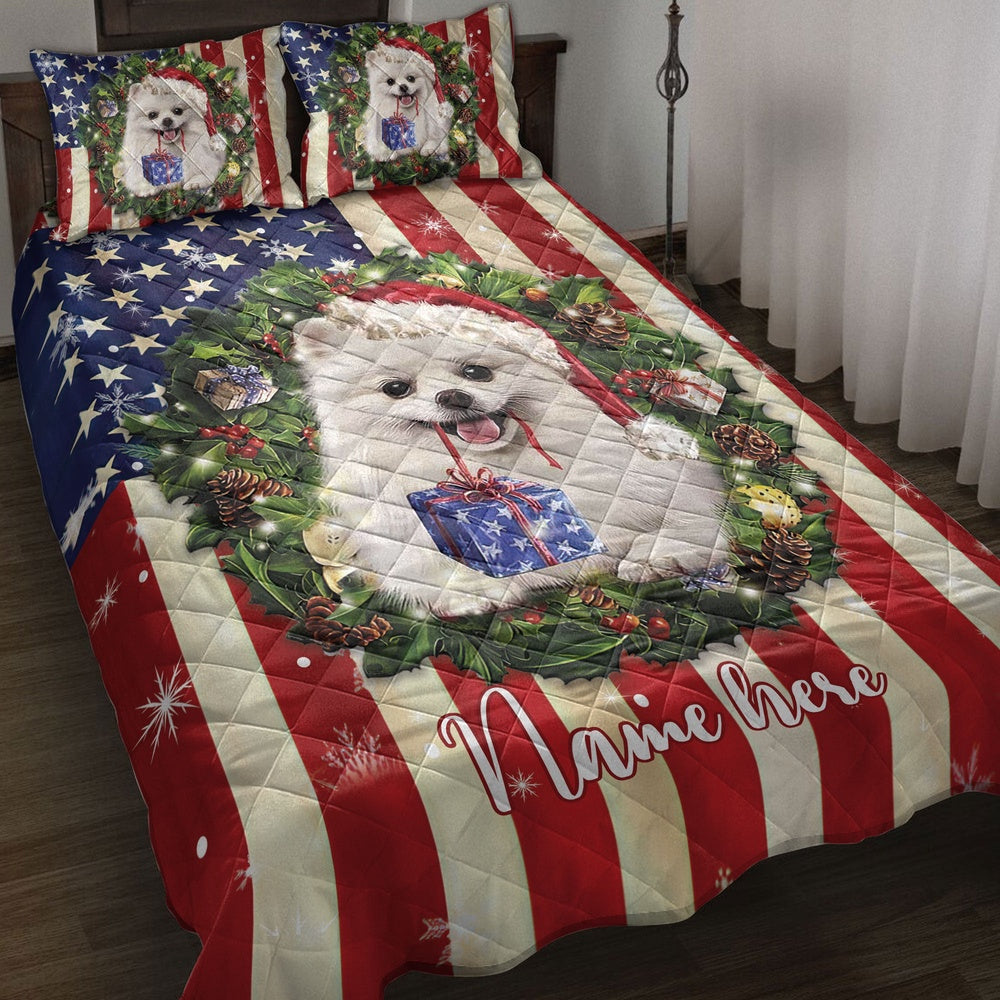 Personalized Pomeranian Quilt Set, Pomeranian Wearingmas Hat Wreath Quilt Blanket