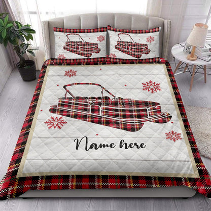 Personalized Pontoon Quilt Set, Christmas Pontoon Boat Snowflake Red Plaid Quilt Blanket