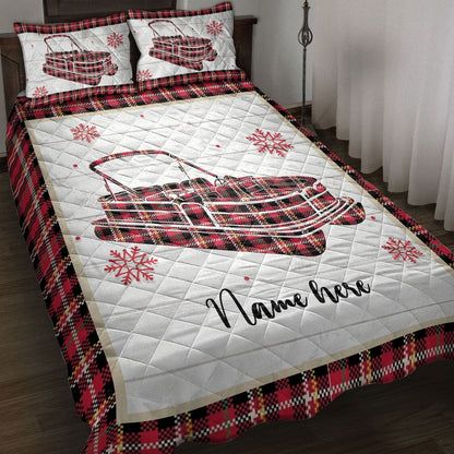 Personalized Pontoon Quilt Set, Christmas Pontoon Boat Snowflake Red Plaid Quilt Blanket