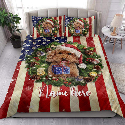 Personalized Poodle Quilt Set, Poodle Wearingmas Hat Wreath Quilt Blanket