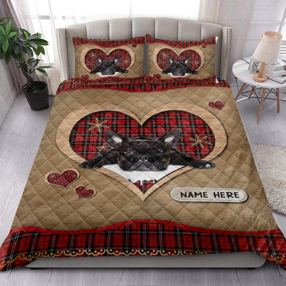 Personalized Pug Quilt Set, Black Pugmas Heart Red Plaid Quilt Blanket
