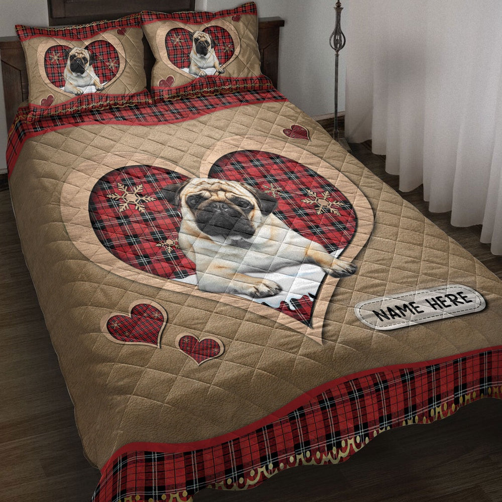 Personalized Pug Quilt Set, Pugmas Heart Red Plaid Quilt Blanket