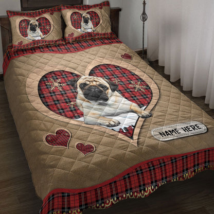 Personalized Pug Quilt Set, Pugmas Heart Red Plaid Quilt Blanket