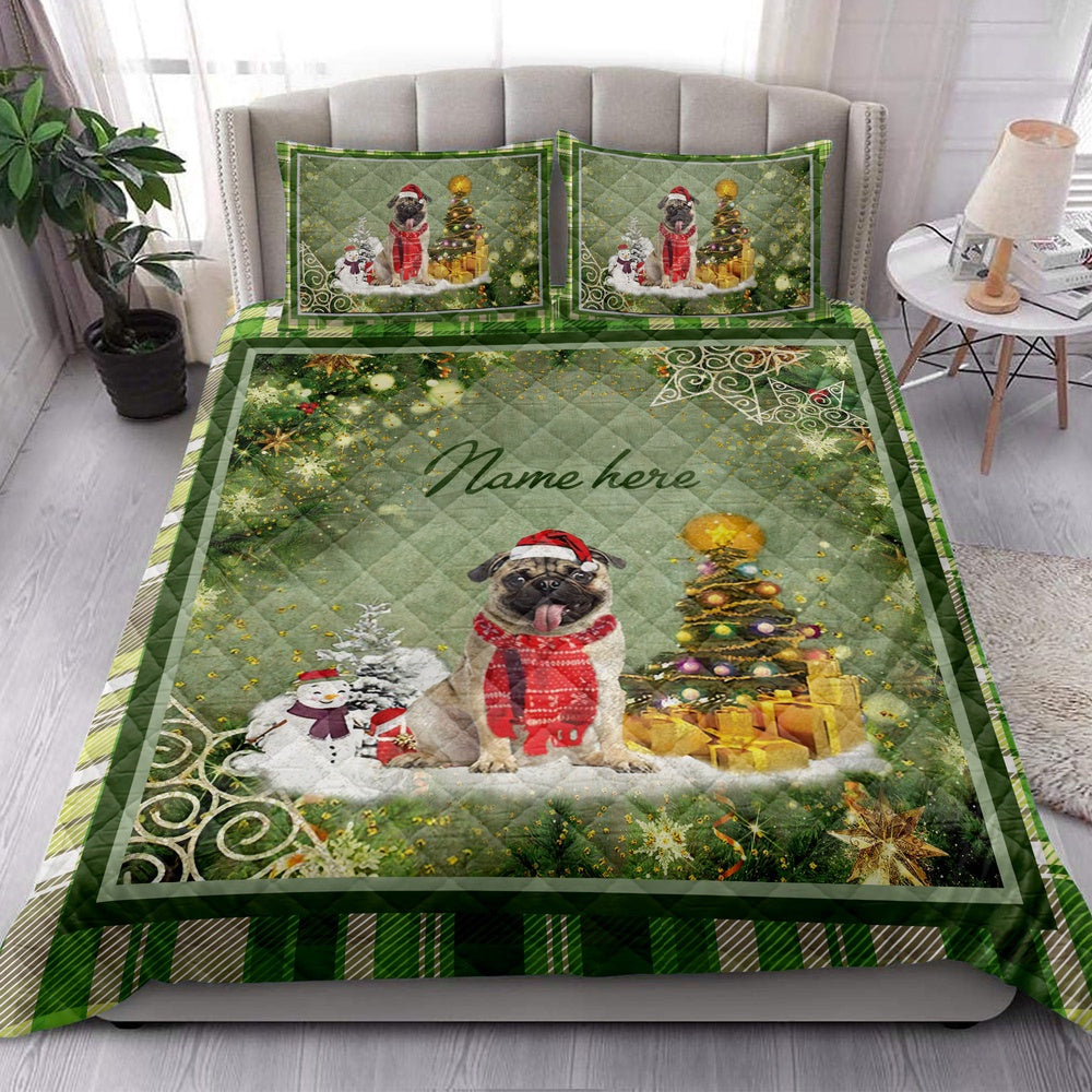 Personalized Pug Quilt Set, Pugmas Tree String Lights Quilt Blanket