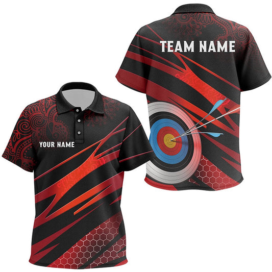 Personalized Red Black Target Archery Polo Shirts, Custom Tribal Pattern Archery Shirts, Archery Team Shirts, Custom Archery Shirts